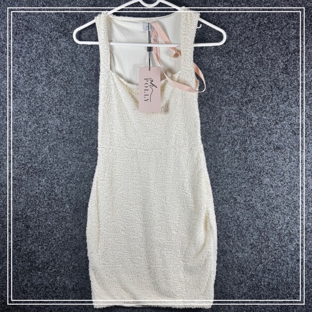 Oh Polly White Beaded Square Neck Bodycon Mini Dress 7423 Long Batch A US 2 NEW